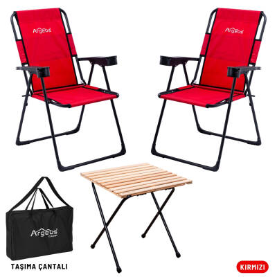 2 Adet Katlanır Kamp Sandalyesi ve Masa Seti - Rest - Taşıma Çantalı - Kırmızı - 130 KG Taşıma Kapasiteli