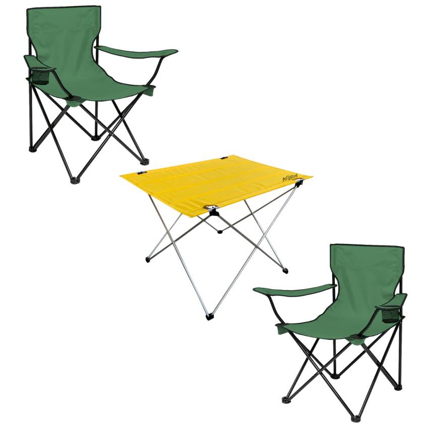 2 Adet Katlanır Kamp Sandalyesi ve Masa Seti - (DY.001) - Haki/Sarı - Plaj Sandalyesi - 1