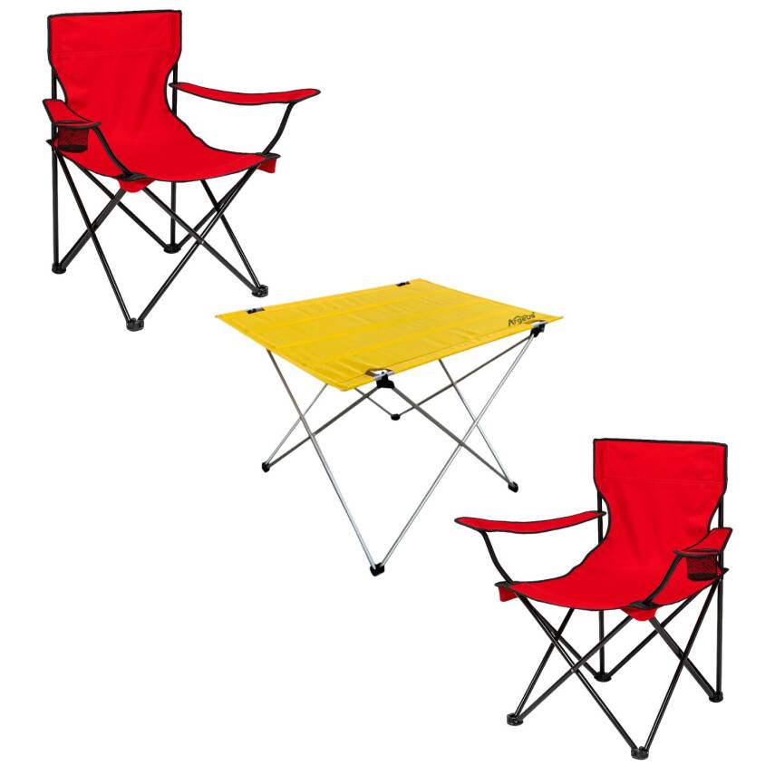 2 Adet Katlanır Kamp Sandalyesi ve Masa Seti - (DY.001) - Kırmızı/Sarı - Plaj Sandalyesi - 1