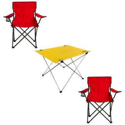 2 Adet Katlanır Kamp Sandalyesi ve Masa Seti - (DY.001) - Kırmızı/Sarı - Plaj Sandalyesi - 2