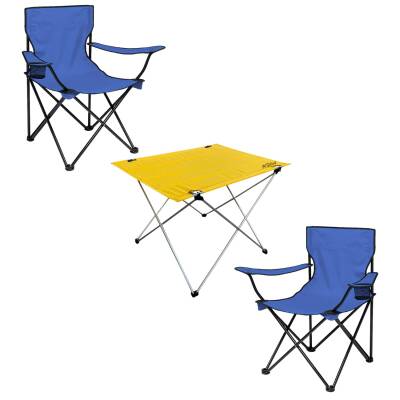 2 Adet Katlanır Kamp Sandalyesi ve Masa Seti - (DY.001) - Lacivert/Sarı - Plaj Sandalyesi - 1
