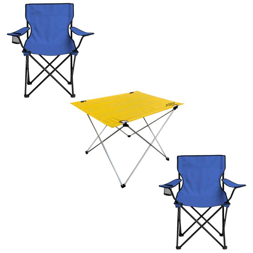 2 Adet Katlanır Kamp Sandalyesi ve Masa Seti - (DY.001) - Lacivert/Sarı - Plaj Sandalyesi - 2