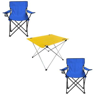 2 Adet Katlanır Kamp Sandalyesi ve Masa Seti - Mavi/Sarı Plaj Sandalyesi - 2
