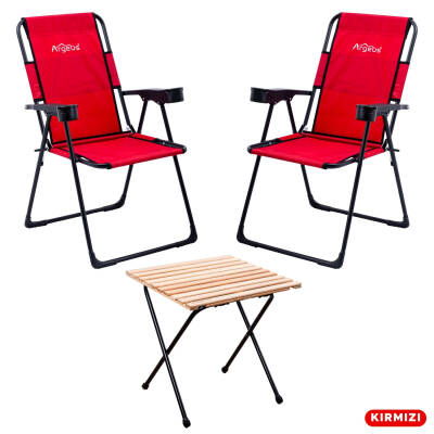 2 Adet Katlanır Kamp Sandalyesi ve Masa Seti - Rest - Kırmızı - 130 KG Taşıma Kapasiteli - 1