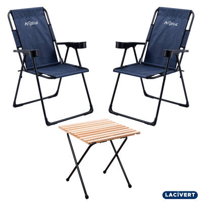 2 Adet Katlanır Kamp Sandalyesi ve Masa Seti - Rest - Lacivert - 130 KG Taşıma Kapasiteli