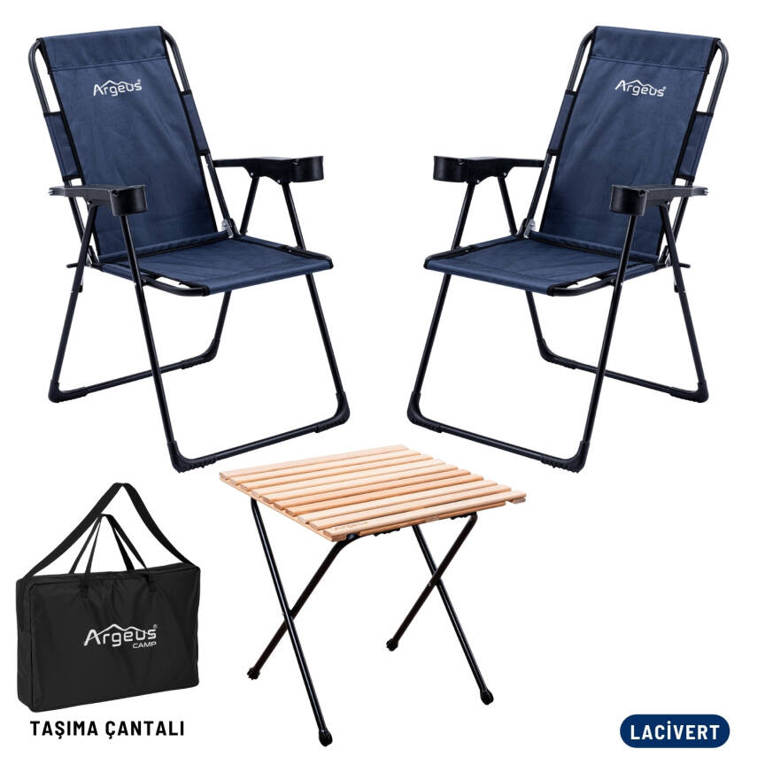 2 Adet Katlanır Kamp Sandalyesi ve Masa Seti - Rest - Taşıma Çantalı - Lacivert - 130 KG Taşıma - 1
