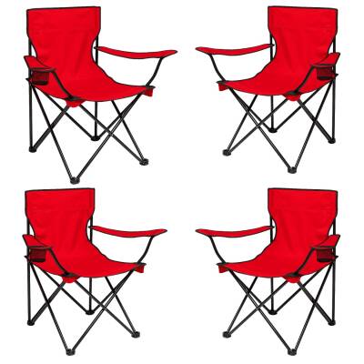 4 Adet Katlanır Kamp Sandalyesi - Piknik Plaj Sandalyesi - Kırmızı - Taşıma Çantalı