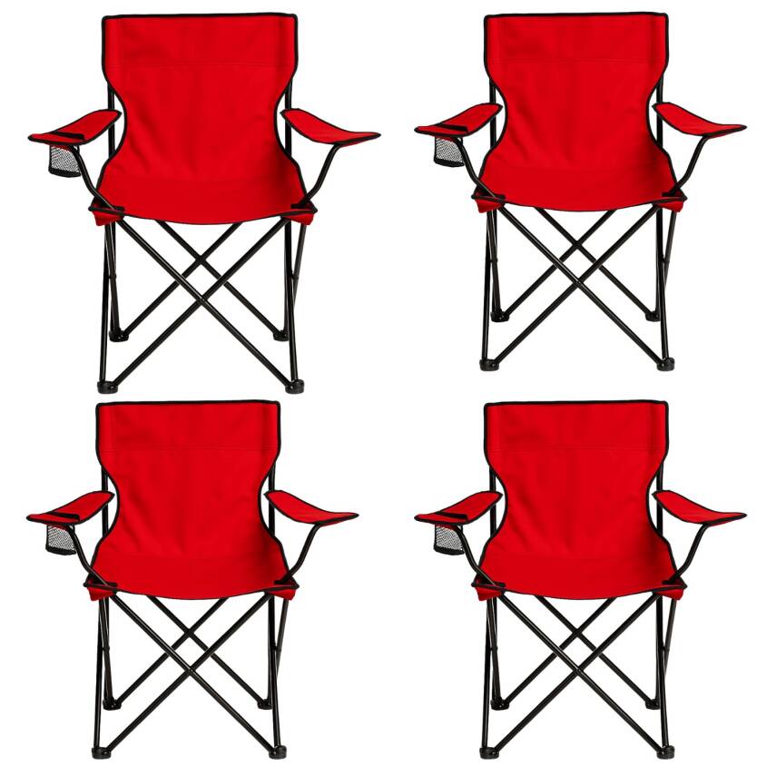 4 Adet Katlanır Kamp Sandalyesi - Piknik Plaj Sandalyesi - Kırmızı - Taşıma Çantalı - 2
