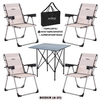 4 Adet Katlanır Kamp Sandalyesi ve Alüminyum Masa Seti - Rock Dark - Bozkır - Taşıma Çantalı