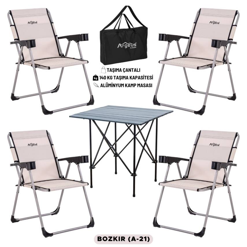 4 Adet Katlanır Kamp Sandalyesi ve Alüminyum Masa Seti - Rock Dark - Bozkır - Taşıma Çantalı - 1