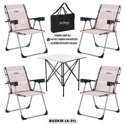 4 Adet Katlanır Kamp Sandalyesi ve Alüminyum Masa Seti - Rock Silver - Bozkır - Taşıma Çantalı