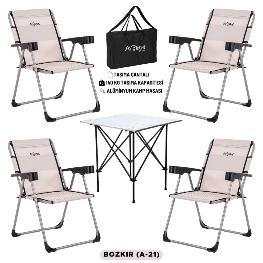 4 Adet Katlanır Kamp Sandalyesi ve Alüminyum Masa Seti - Rock Silver - Bozkır - Taşıma Çantalı - 1