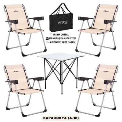 4 Adet Katlanır Kamp Sandalyesi ve Alüminyum Masa Seti - Rock Silver - Kapadokya - Taşıma Çantalı