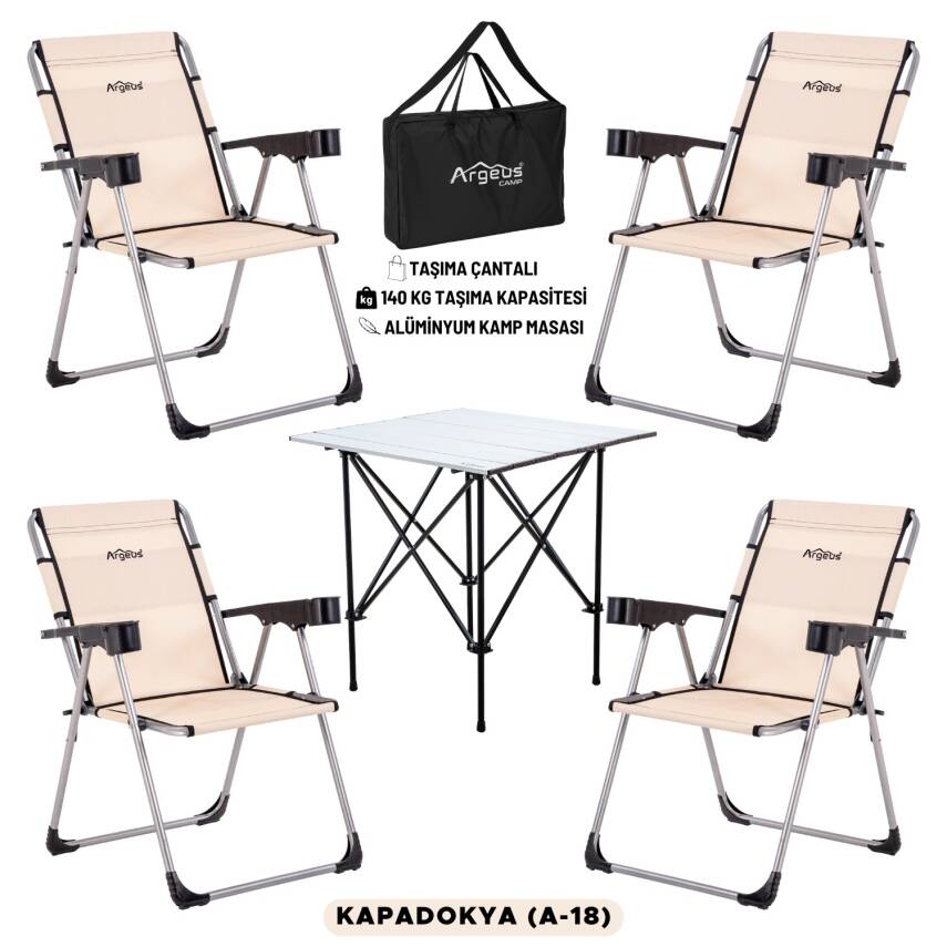 4 Adet Katlanır Kamp Sandalyesi ve Alüminyum Masa Seti - Rock Silver - Kapadokya - Taşıma Çantalı - 1