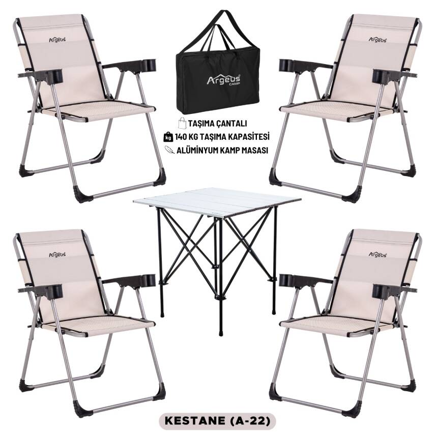 4 Adet Katlanır Kamp Sandalyesi ve Alüminyum Masa Seti - Rock Silver - Kestane - Taşıma Çantalı - 1