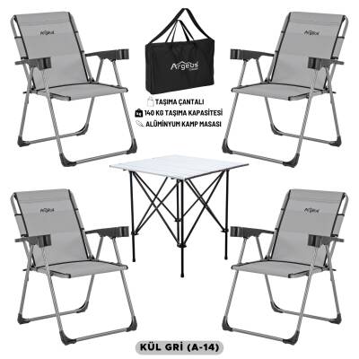 4 Adet Katlanır Kamp Sandalyesi ve Alüminyum Masa Seti - Rock Silver - Kül Gri - Taşıma Çantalı