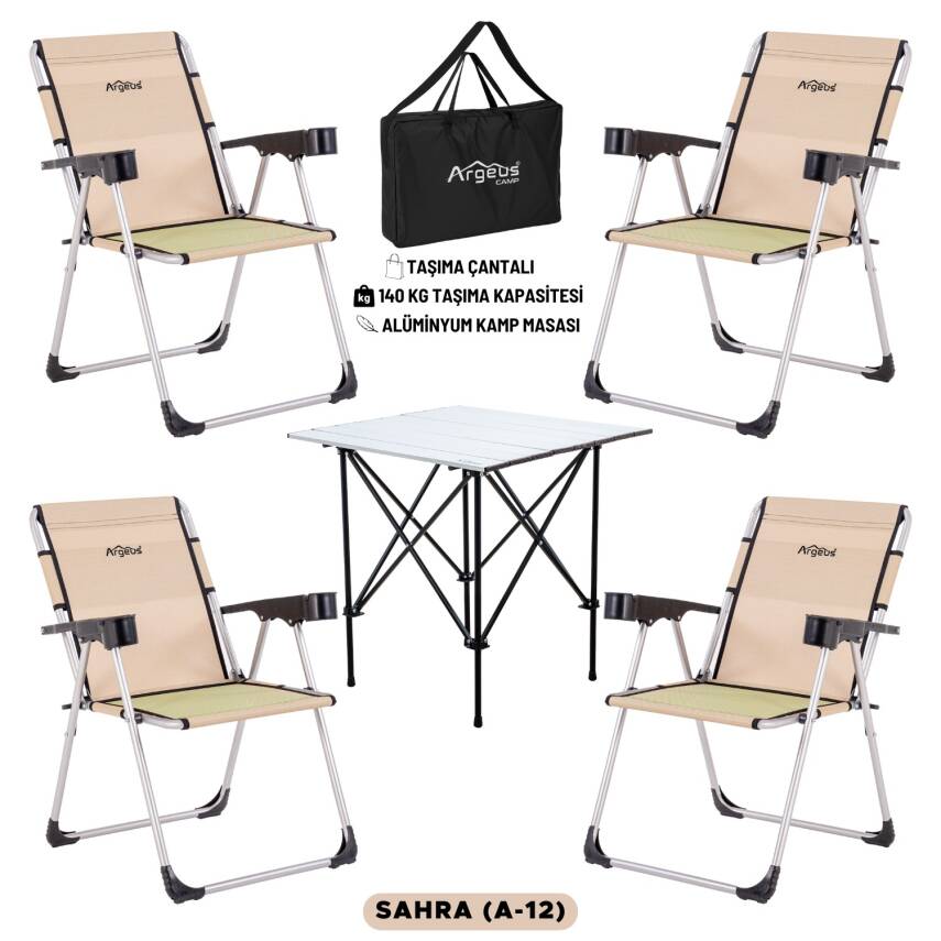 4 Adet Katlanır Kamp Sandalyesi ve Alüminyum Masa Seti - Rock Silver - Sahra - Taşıma Çantalı - 1