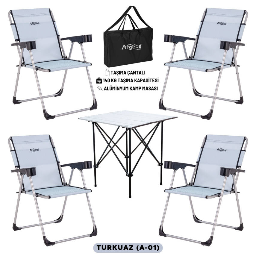 4 Adet Katlanır Kamp Sandalyesi ve Alüminyum Masa Seti - Rock Silver - Turkuaz - Taşıma Çantalı - 1