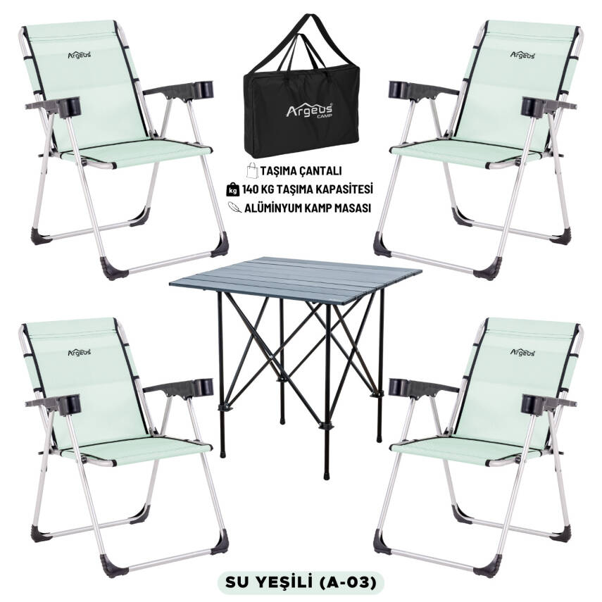 4 Adet Katlanır Kamp Sandalyesi ve Alüminyum Masa Seti - Rock Dark - Su Yeşili - Taşıma Çantalı - 1