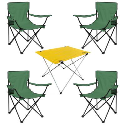 4 Adet Katlanır Kamp Sandalyesi ve Masa Seti - (DY.001) - Haki/Sarı - Plaj Sandalyesi - 1