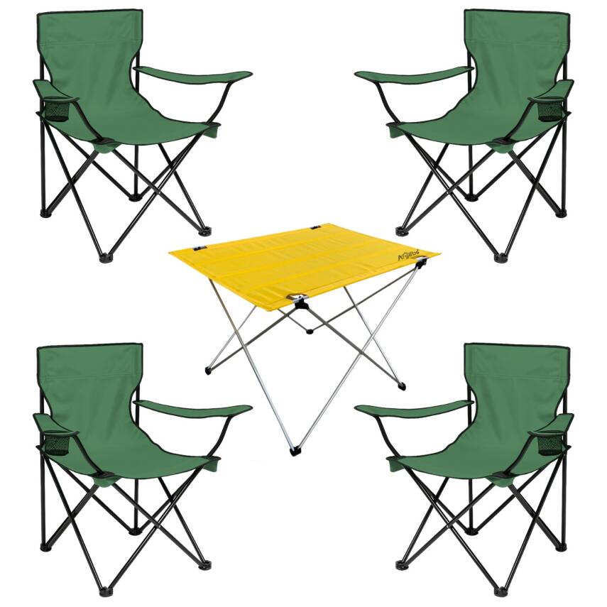 4 Adet Katlanır Kamp Sandalyesi ve Masa Seti - (DY.001) - Haki/Sarı - Plaj Sandalyesi - 1