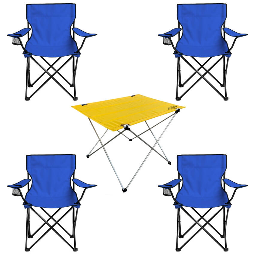 4 Adet Katlanır Kamp Sandalyesi ve Masa Seti - (DY.001) - Mavi/Sarı - Plaj Sandalyesi - 2