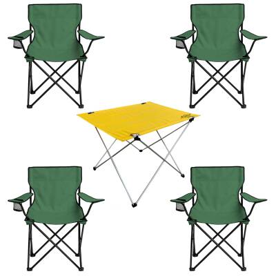 4 Adet Katlanır Kamp Sandalyesi ve Masa Seti - Haki/Sarı - Plaj Sandalyesi - 2