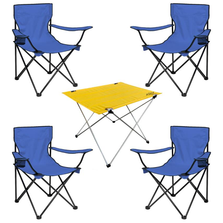 4 Adet Katlanır Kamp Sandalyesi ve Masa Seti - Lacivert/Sarı - Plaj Sandalyesi - 1
