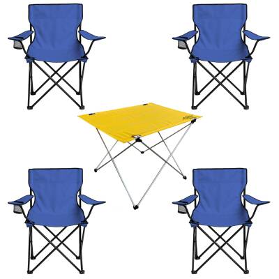 4 Adet Katlanır Kamp Sandalyesi ve Masa Seti - Lacivert/Sarı - Plaj Sandalyesi - 2