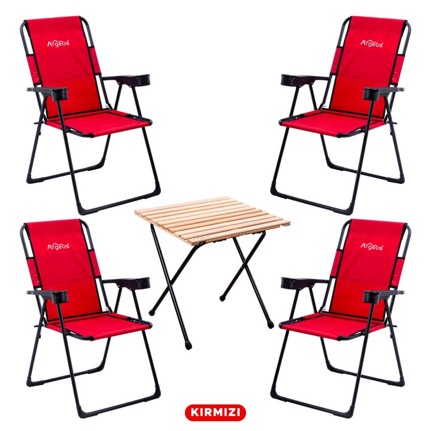 4 Adet Katlanır Kamp Sandalyesi ve Masa Seti - Rest - Kırmızı - 130 KG Taşıma Kapasiteli - 1