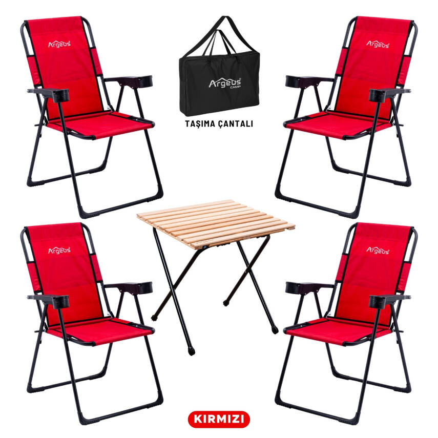 4 Adet Katlanır Kamp Sandalyesi ve Masa Seti - Rest - Kırmızı - 1