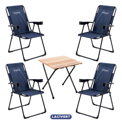 4 Adet Katlanır Kamp Sandalyesi ve Masa Seti - Rest - Lacivert - 130 KG Taşıma Kapasiteli