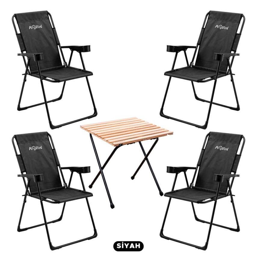 4 Adet Katlanır Kamp Sandalyesi ve Masa Seti - Rest - Siyah - 130 KG Taşıma Kapasiteli - 1