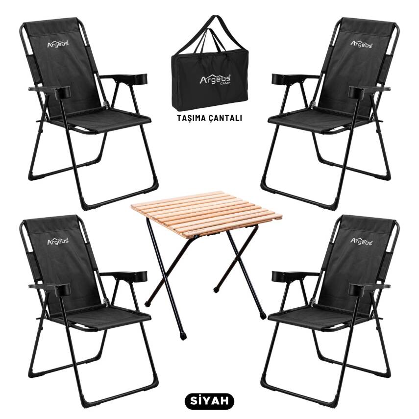 4 Adet Katlanır Kamp Sandalyesi ve Masa Seti - Rest - Taşıma Çantalı - Siyah - 130 KG Taşıma Kapasiteli - 1