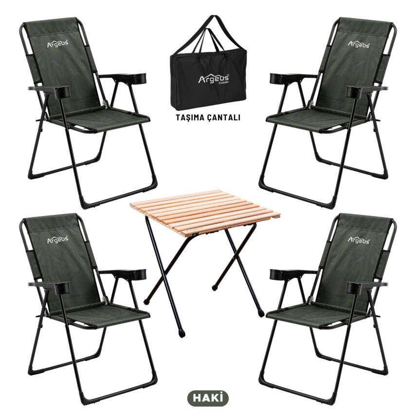 4 Adet Katlanır Kamp Sandalyesi ve Masa Seti - Rest - Taşıma Çantalı - Haki - 130 KG Taşıma Kapasiteli - 1
