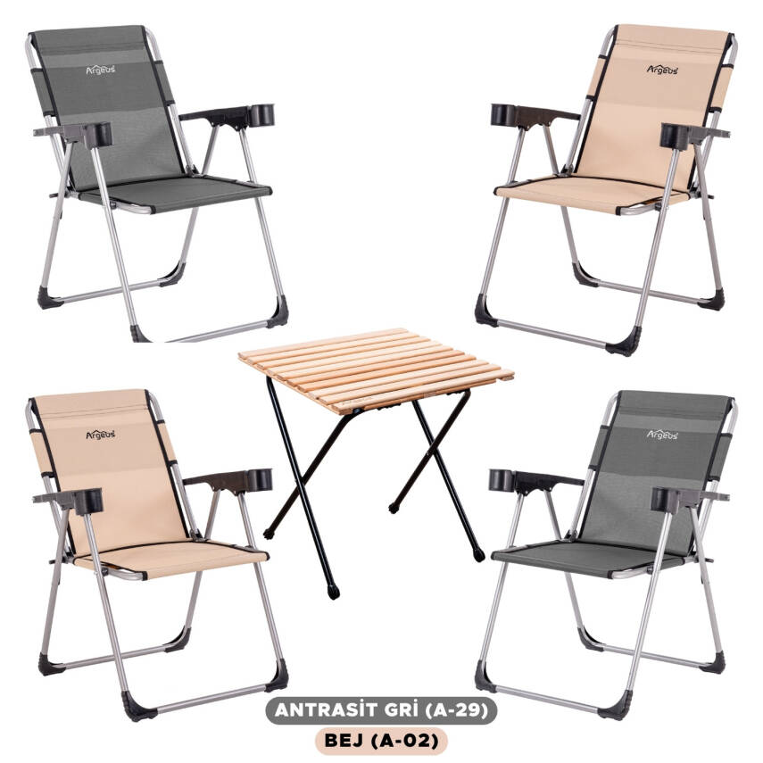 4 Adet Katlanır Kamp Sandalyesi ve Masa Seti - Rock - Bej/Antrasit - Bardaklıklı - 140 KG - 1