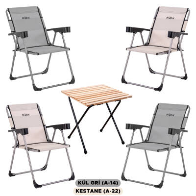 4 Adet Katlanır Kamp Sandalyesi ve Masa Seti - Rock - Kül Gri / Kestane - Bardaklıklı - 140 KG - 1