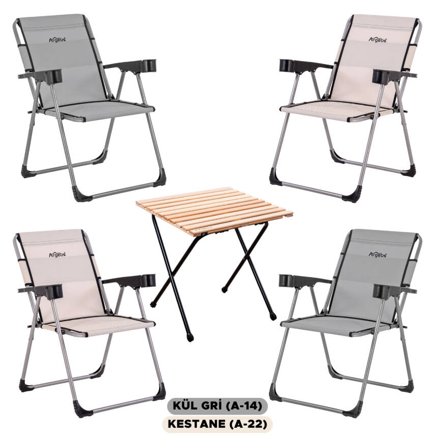 4 Adet Katlanır Kamp Sandalyesi ve Masa Seti - Rock - Kül Gri / Kestane - Bardaklıklı - 140 KG - 1