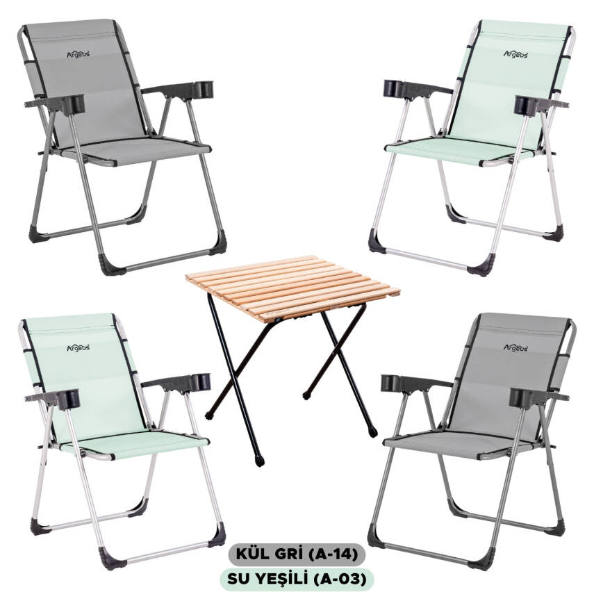 4 Adet Katlanır Kamp Sandalyesi ve Masa Seti - Rock - Kül Gri / Su Yeşili - Bardaklıklı - 140 KG - 1