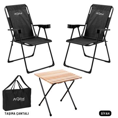 2 Adet Katlanır Kamp Sandalyesi ve Masa Seti - Rest - Taşıma Çantalı - Siyah - 130 KG Taşıma - 1