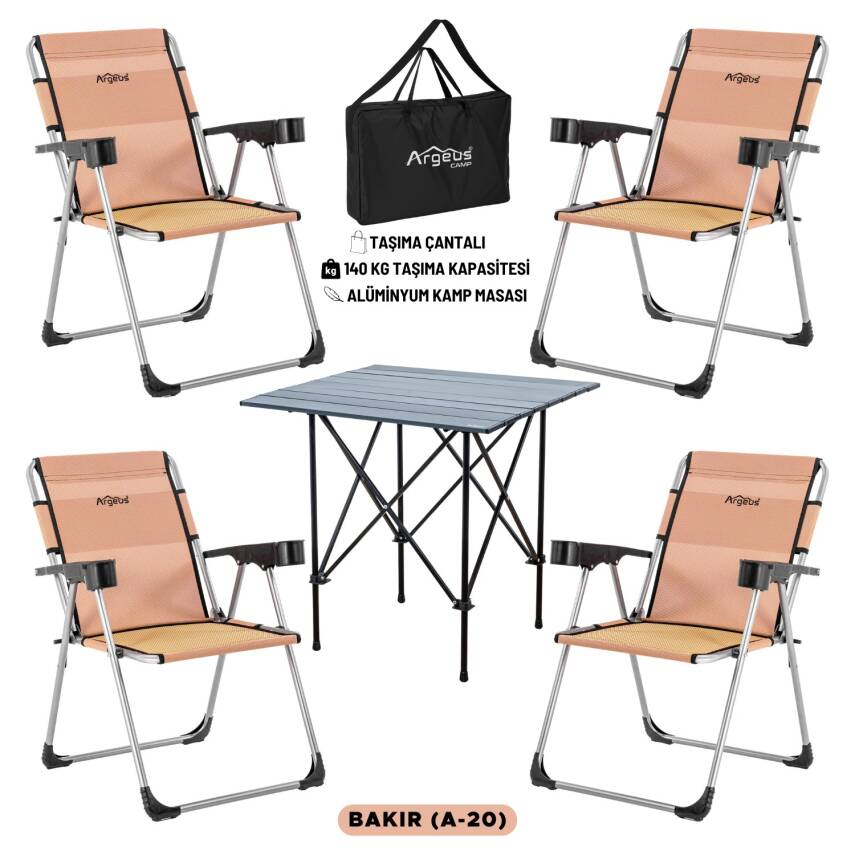ARGEUS Rock Dark Bakır Katlanabilir Kamp Masa Sandalye Seti - Taşıma Çantalı - 1