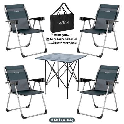 ARGEUS Rock Dark Haki Katlanabilir Kamp Masa Sandalye Seti - 4 Kişilik - 1