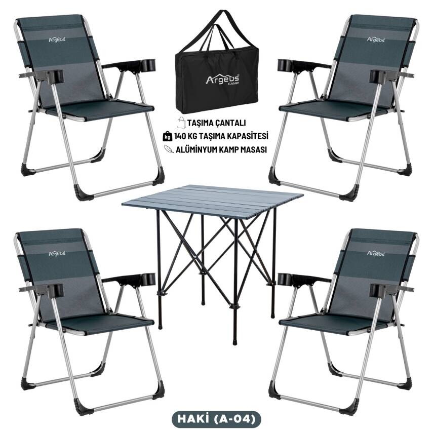 ARGEUS Rock Dark Haki Katlanabilir Kamp Masa Sandalye Seti - 4 Kişilik - 1