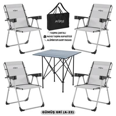 ARGEUS Rock Dark Katlanabilir Kamp Seti - 4 Kişilik Gri Piknik Masa Sandalye Takımı - 1
