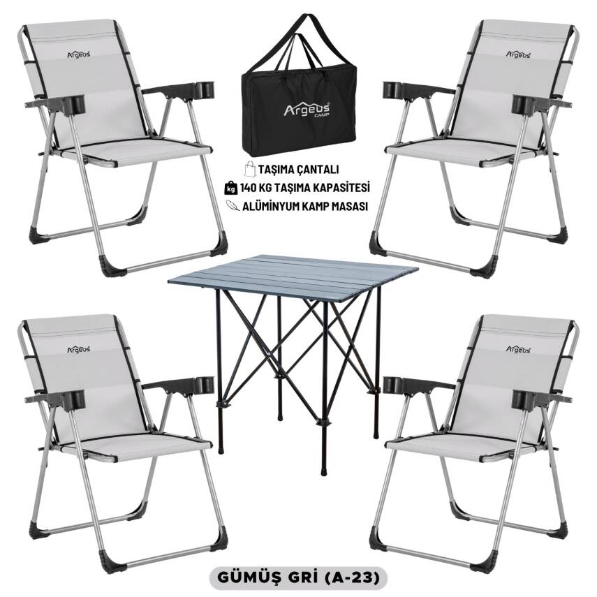 ARGEUS Rock Dark Katlanabilir Kamp Seti - 4 Kişilik Gri Piknik Masa Sandalye Takımı - 1