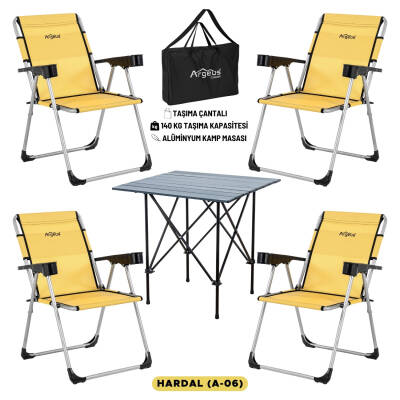 ARGEUS Rock Dark Katlanır Kamp Seti: 4 Sandalye, Alüminyum Masa - Hardal - 1