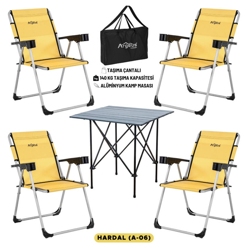 ARGEUS Rock Dark Katlanır Kamp Seti: 4 Sandalye, Alüminyum Masa - Hardal - 1