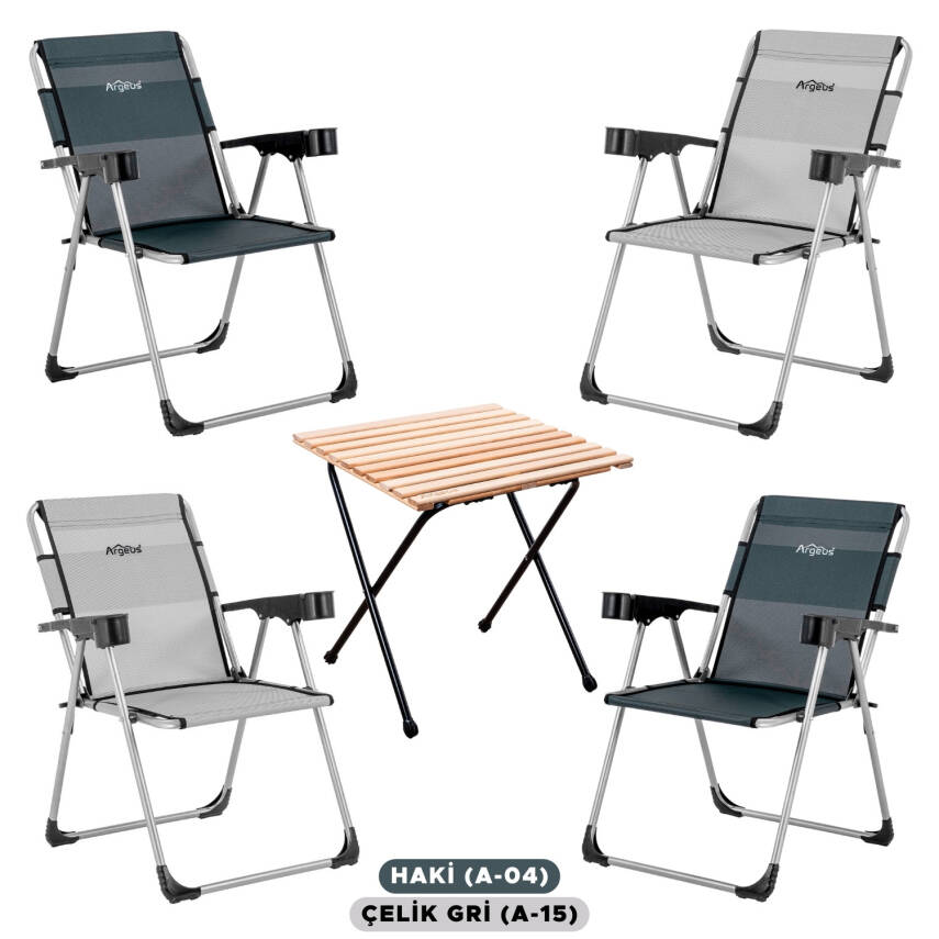 ARGEUS Rock Dörtlü Portatif Kamp Sandalyesi ve Masa Seti | Outdoor Çelik Gri - 1