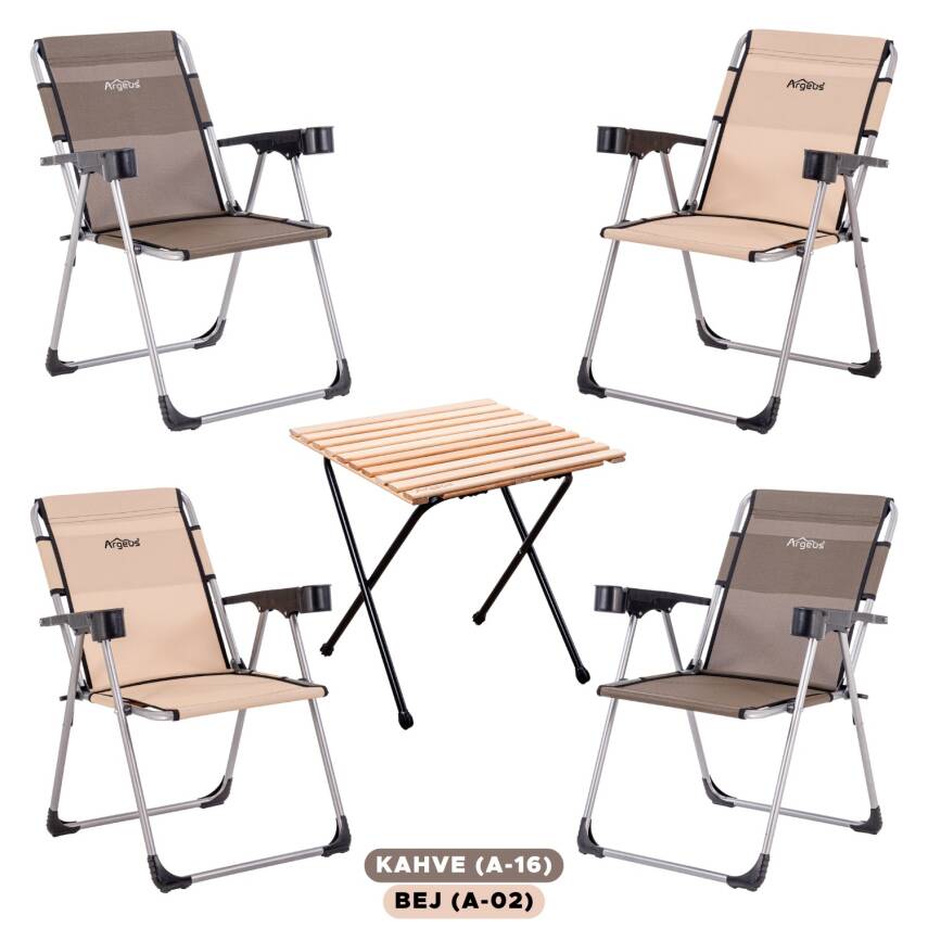 ARGEUS Rock Katlanabilir 4 Kişilik Kamp Masa Sandalye Seti - Bej Kahve - 1