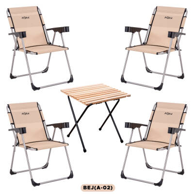4 Adet Katlanır Kamp Sandalyesi ve Masa Seti - Rock - Bej - Bardaklıklı - 140 KG